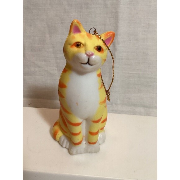 Cat Figure K.S.A. Hard Plastic Tiger Orange Yellow Christmas Holiday Ornament - Picture 1 of 6